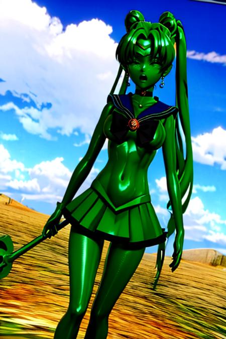 masterpiece,best quality,highly detailed,1girl,solo,
<lora:bronzeStatue:0.6>,bronzeStatue,bdsm,restrained,green body,green zentai,green skin,green hair,green statue,clenched teeth,one eye closed,struggling,constricted pupils,screaming,crying,
BREAK
<lora:sailor_moon_v1:0.75>,aausagi,double bun,twintails,parted bangs,circlet,jewelry,earrings,choker,bow,gloves,elbow gloves,skirt,
BREAK
<lora:glassChamber:0.6>,glassChamber,from outside,glass,chamber,against glass,drum (container),black circle frame,outdoors,desert,