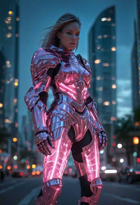 by night woman wearing translucent glowing pink glass armor, holographique armor, standing on a futuristic city street, fighting pose,