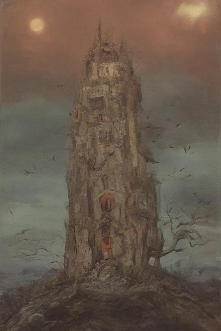oil painting, of a castle on a cliff, forest, night, a flock of bats flying in the dark sky, reddish moon, clouds tainted red, dark theme, still life, shadows, haunted castle