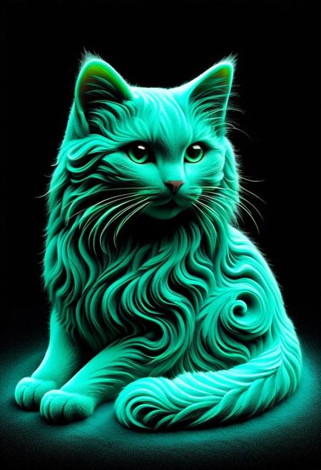lazypos, sandswirl, A cat's silhouette is outlined in turquoise lines like neon against a black background, embodying minimalism with an ethereal quality. The simple yet elegant design reveals the outline of the cat only, emerging from the darkness. The minimalistic yet powerful design captures the animal's grace and mystery. High-contrast lighting highlights the depth and texture of each hair, with fine fur details creating an iconic image that is both striking and beautiful. minimalist style.