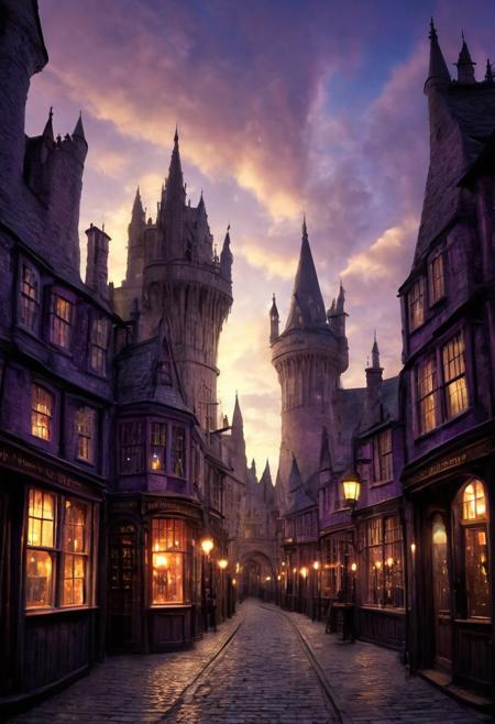 score_9, score_8_up, score_7_up, Diagon Alley promenade, the horror of stars, twilight sunshine, cityscape masterpiece, realistic, best quality, cosmic horror, Style-Volumetric, MJgothic, bright horror, s0lar, castle, blue and purple sky, city streets, spires, stone buildings, (/Harry Potter/)