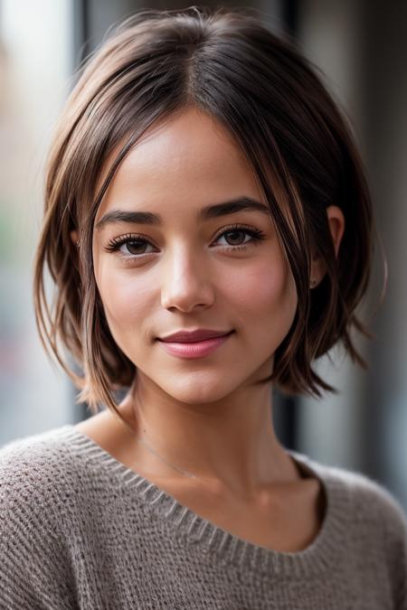 photo of beautiful (alizjacot:0.99), a woman in a (armory:1.1), perfect hair, short hair upsweep updo, wearing (sweater), modelshoot style, (extremely detailed CG unity 8k wallpaper), professional majestic (photography by  edward weston:1.1), (Sony a6400 Mirrorless Camera), 24mm, exposure blend, hdr, faded, extremely intricate, High Detail, Sharp focus, dramatic, soft cinematic light, (looking at viewer), (detailed pupils), cute smile, 24mm, 4k textures, soft cinematic light, adobe lightroom, photolab, elegant, ((((cinematic look)))), soothing tones, insane details, hyperdetailed, low contrast