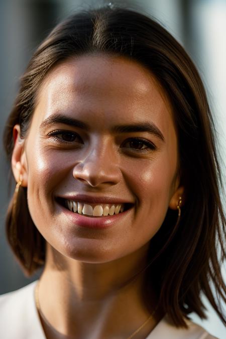 Realistic photo of a beautiful h4yl3y4-v1 woman,   1girl, solo, long hair, looking at viewer, smile, brown hair, black hair, brown eyes, teeth, grin, lips, portrait, forehead, realistic, nose, soft lighting, professional Photography, Photorealistic, detailed, RAW, analog, sharp focus, 8k, HD, DSLR, high quality, Fujifilm XT3, film grain, award winning, masterpiece<lora:h4yl3y4-v1:1.0>