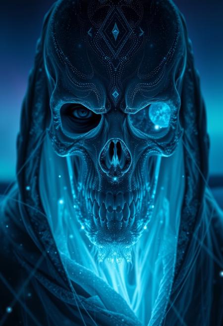 A symmetric portrait of a male, evil frozen Skeletor, features dissolving into frozen magic thin, luminescent blue lines. Weighted Voronoi stippling and laser caustics create a network, transitioning from hyperrealistic detail to abstract, quantum-inspired forms. Ethereal hues blend, evoking existential transition and mystery. Close-up on face, evil skull partially visible. Set against a twilight arctic backdrop, icy winds ripple through his tattered robes. Rendered in a fusion of photorealism and digital surrealism, the scene is illuminated by ghostly Northern Lights. Emphasis on cold, menacing atmosphere, invoking Nordic myths