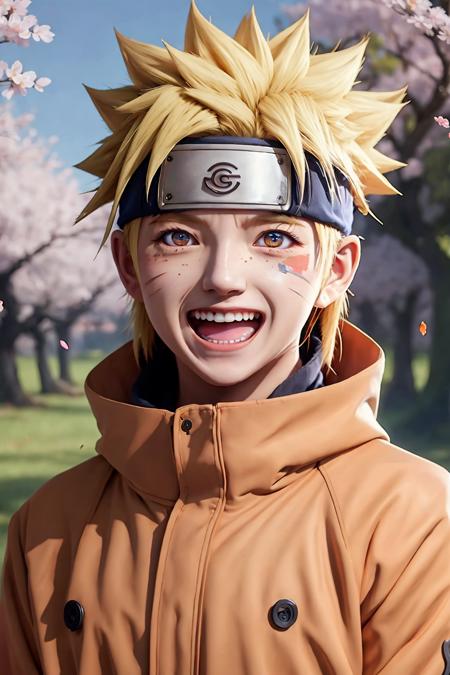 Naruto,1boy,  hanami, laughing, open mouth,nearly naked coat, outdoors,