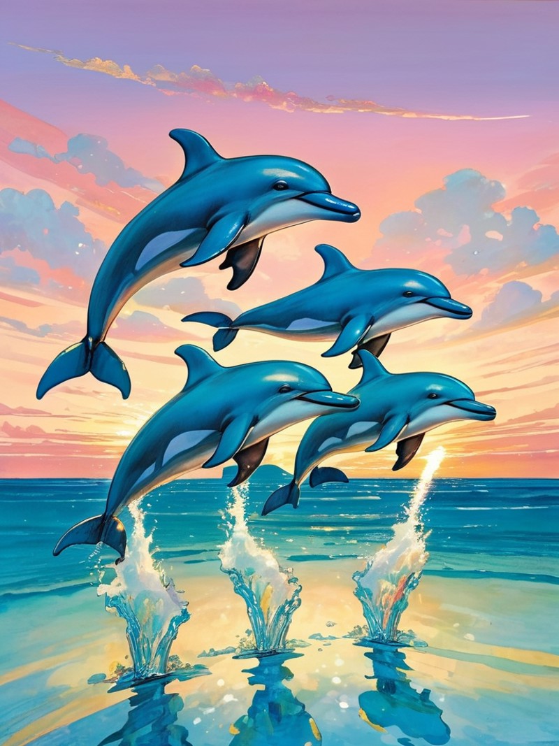 A playful depiction of a group of miniature dolphins leaping joyfully out of a crystal-clear, sparkling ocean, with a past...