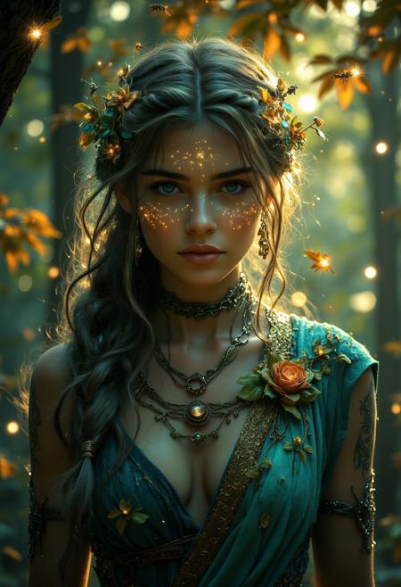 A hyper-realistic portrait of a forest goddess with emerald-green skin, her body intertwined with vines and delicate flowers that bloom and glow. Her eyes shine with the light of ancient trees, and her hair flows like cascading leaves, rich in varying shades of autumn gold and mossy green. She wears a gown made of woven branches and silk petals, with bioluminescent insects hovering around her. The background showcases a mystical forest at twilight, bathed in a soft, golden light filtering through the canopy, highlighting the natural beauty of her divine presence.
