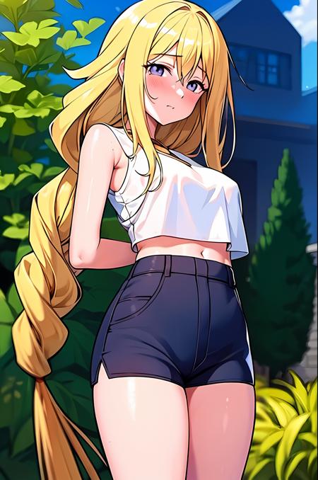 (exceptional, best aesthetic, best quality, extremely detailed), 1girl, solo, aliciaflorence, blush, embarrassed, looking_at_viewer, no_headwear, arms_behind_back, crop_top, short_shorts, garden