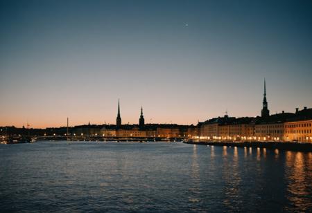 Professional photography, film grain, 38 mm, kodak photo, crisp, clear, shallow depth of image, backlit, minimalistic, the luxurious downtown of Stockholm at night