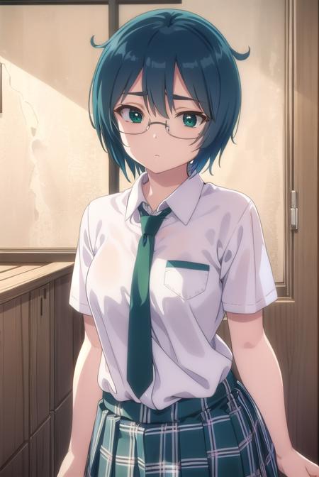 miharumikuni, <lora:miharu mikuni ova-lora-nochekaiser:1>,
miharu mikuni, short hair, (green eyes:1.5), glasses, blue hair,
BREAK skirt, shirt, school uniform, white shirt, socks, plaid, kneehighs, plaid skirt,
BREAK indoors, classroom,
BREAK looking at viewer, (cowboy shot:1.5),
BREAK <lyco:GoodHands-beta2:1>, (masterpiece:1.2), best quality, high resolution, unity 8k wallpaper, (illustration:0.8), (beautiful detailed eyes:1.6), extremely detailed face, perfect lighting, extremely detailed CG, (perfect hands, perfect anatomy),