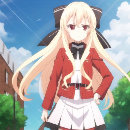 mondaiji-leticia, red jacket skirt black wings, bow, blonde hair, long hair, hair between eyes, red eyes, full body, solo, 1girl, outdoors <lora:mondaiji-leticia:0.7>