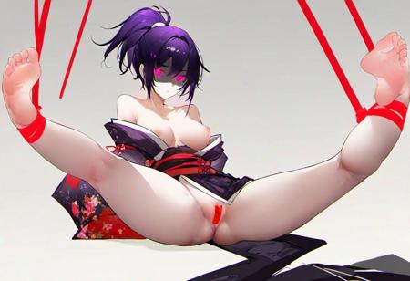 source_9,source_8_up,source_7_up,Yuzuriha \(Jigokuraku\), 1girl, japanese clothes , purple hair, foreshortening, glowing pink eyes, ninja, ponytail, no bra, (solo:1.5), illustration_by_omone_hokoma_agm,full body,presenting_pussy,tape_on_pussy, simple background, white background, cel shading, 6k wallpaper, bare shoulders, shaded face, highly detailed, narrow waist, hips, thick thighs, bound ankles, bound wrists, spread legs, sitting, wide spread legs, facing viewer, medium breasts, feet focus, barefoot, soles, feet up