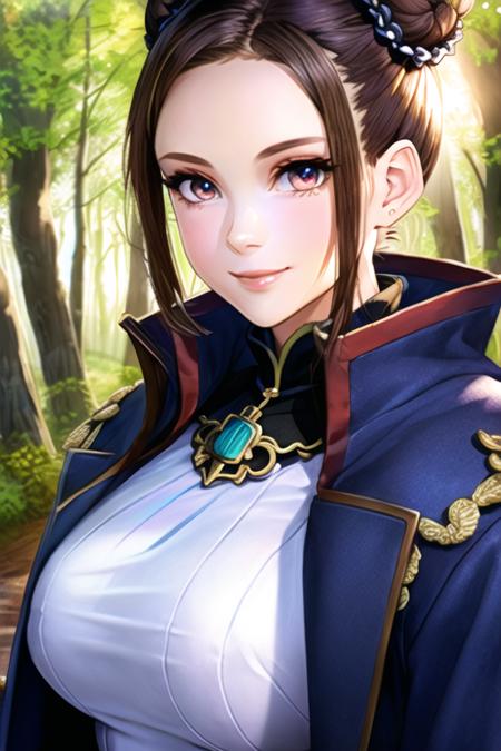 1girl, chun-li, (((highly detailed eyes))), vanillaware-32900, intricate details, round pupils, (detailed face), detailed pupils, modelshoot style, brown hair, (brown eyes), double bun, ((portrait)), looking at viewer, smile, short hair, soft lighting, trees, forest, samdoesart, ((broad shoulders)), (((thick arms)))