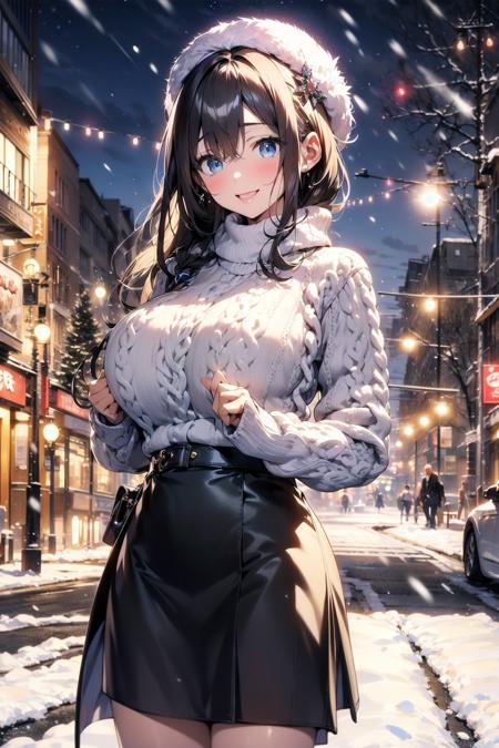 ((SFW)),masterpiece, (best quality, ultra-detailed:1.4),  (ultra high res:1.5), (sharp focus), (insanely detailed:1.3), (perfect anatomy), super fine (cel animation),
cowboy shot, anime beautiful girl, solo, backlight, solo, kawaii shibuya fashion, huge breast, deep cute beret,(woolen sweater:1.4),happy smiling, woolen Scarf,long flare skirt,
(winter, snowing:1.2),(fantastic illumination), night view, stary sky, joyful dating,absurdity delicate background and landscape ah1