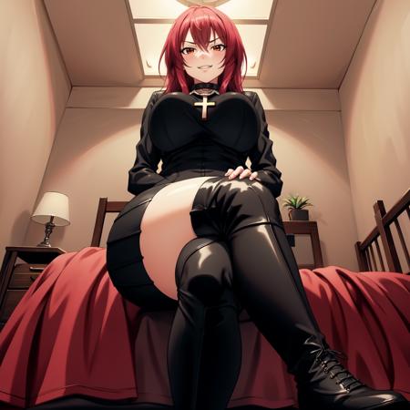 masterpiece,  best quality, intricate, absurdres,  cowboy shot, 1girl, solo, looking at viewer, detailed background,  <lora:Satsuki_Takayama:1>, Satsuki Takayama, zipper, collar, bikesuit, biker jacket, cross necklace, thigh boots, high heels,  black boots, huge breasts, thighs, (indoors, bedroom, dimly lit, bed), hands on own hips, smile, sitting, crossed legs, crossed arms, from below,