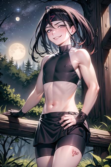 ((masterpiece,best quality, detailed)), forest, ((on tree)), night, stars, moon, envy (fma), 1boy, headband, crop top, evil smile, male focus, midriff, fingerless gloves, bike shorts, skirt, cowboy shot, looking at viewer, leg tattoo