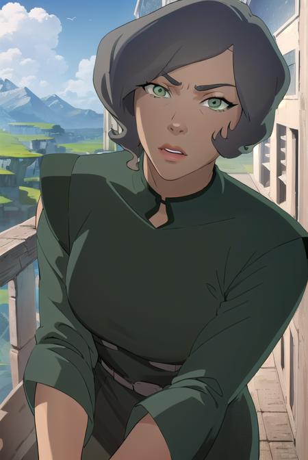 avatarsuyin, <lora:avatar suyin-lora-nochekaiser:1>,
suyin, short hair, grey hair, (green eyes:1.5), dark skin, dark-skinned female,
BREAK robe, long sleeves, dress, black dress,
BREAK outdoors, forest, nature, grass, trees, sun, sky, clouds,
BREAK looking at viewer, (cowboy shot:1.5),
BREAK <lyco:GoodHands-beta2:1>, (masterpiece:1.2), best quality, high resolution, unity 8k wallpaper, (illustration:0.8), (beautiful detailed eyes:1.6), extremely detailed face, perfect lighting, extremely detailed CG, (perfect hands, perfect anatomy),