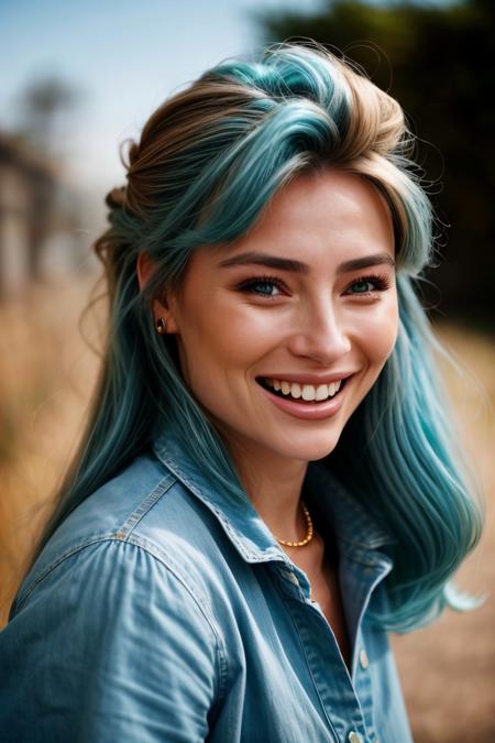 photo of <lora:sd15_lora_AnnaVonKlinski_96_v1:.9> AnnaVonKlinski with dirty blonde highlights, focus on eyes, close up on face, laughing, wearing jewelry, Slate Blue hair styled as Straight Bouffant, lens flare