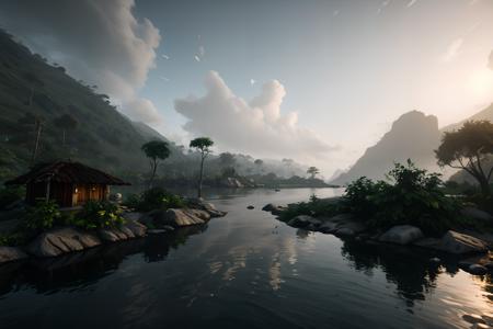 unreal engine 5 render,jungle,river,(flowers:0.2),twilight hour,extremely detailed,stream,(waterfall:0.1),(shrouded in mist:0.4),