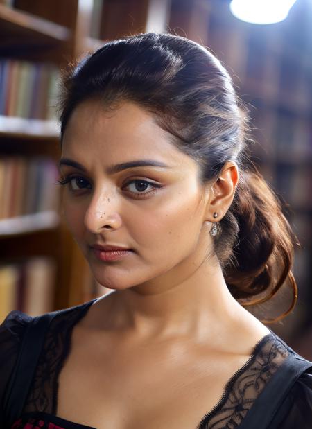 portrait of skswoman, ashamed , wearing tulle , with Ponytail , background library epic (photo, studio lighting, hard light, sony a7, 50 mm, matte skin, pores, colors, hyperdetailed, hyperrealistic), <lyco:Manju Warrier:1.0>