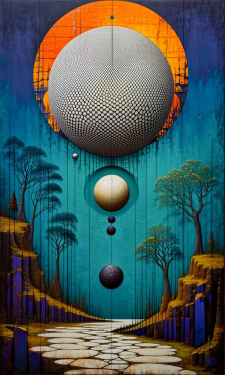 ORIGINAL PROMPT: An artwork done in the style of artist (patrick seymour:1.4), as a (wabi sabi:1.6).
A surrealistic orb and complex patterns scene.
PRODUCTION PROMPT: Original prompt was used.