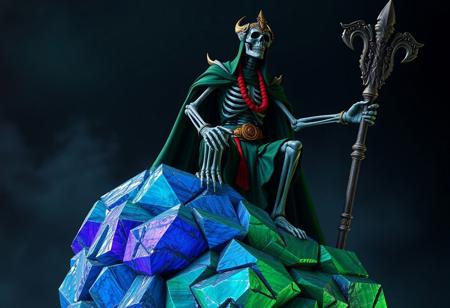 epic details A dominant Skeleton Lich King, green robe, gold belt, red necklace, commands attention. Gripping staff (right), holding skull (left). Perched on vibrant stacked rocks: blue, green, purple. Dark ominous background. Cinematic dark fantasy. Matte painting, splash ink, octane render, unreal engine 5, Houdini style, Raphael. Dramatic, captivating lighting, intricate details. 4K, high-res, trending on Artstation, CGSociety. Impeccable composition, vivid colors.