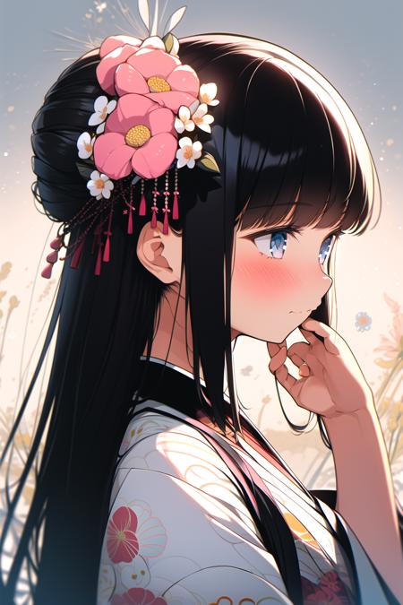 1girl, flower, solo, hair flower, hair ornament, blush, blue eyes, long hair, pink flower, bangs, black hair, closed mouth, hand up, white flower, floral print, portrait, looking away, japanese clothes, from side