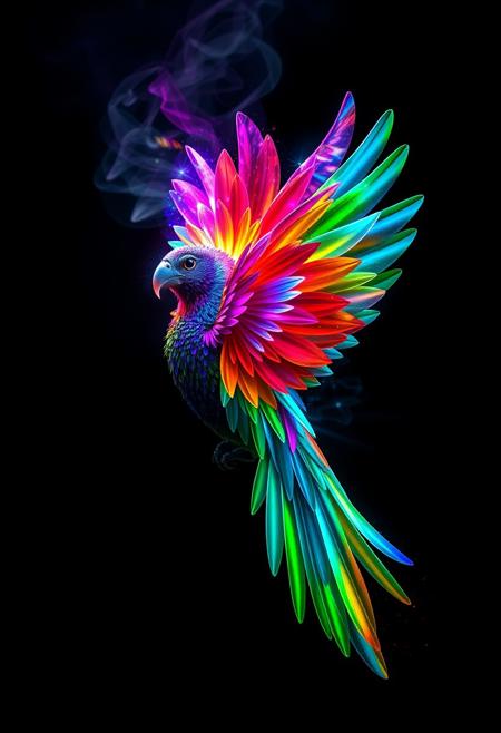 "Create a photorealistic image of the shape of a flower with multicolored petals, outlined with a vibrant, multicolored line, that swirl with a kaleidoscope of colors. The flower is incorporated into the body of a beautiful bird. The surrounding environment is pitch black, with only the colorful flower and bird visible. The colors seem to be building up to a catastrophic release, as if the very presence of the flower is triggering a chain reaction of light and energy. The atmosphere is one of intense, impending destruction." Octane render, Highest-Quality, 8 k, intricate details, visually stunning, Masterpiece