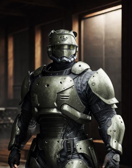 ((Masterpiece, best quality)),photography, detailed skin, realistic, photo-realistic, 8k, highly detailed, full length frame, High detail RAW color art, diffused soft lighting, shallow depth of field, sharp focus, hyperrealism, cinematic lighting,
edgHalo_armor,power armor, a man in a sui t ,wearing edgHalo_armor
 <lora:edgHaloArmors:0.8>