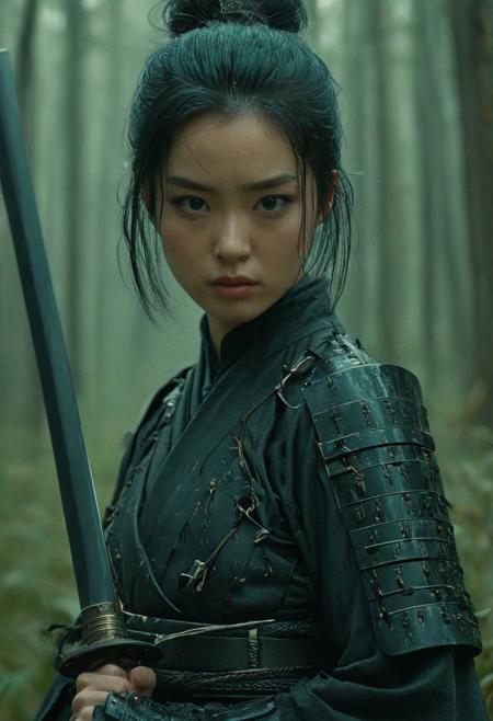 by Victo Ngai and Terry Redlin style, cinematic photo, young women, dark short hair, big blue eyes, looking at the viewer, tight waist, small hips, small ass, feminine body, (upper body focus:1.2), black necklace, black samurai armour, cultist, wielding a katana, Film Still, Cinematic, Cinematic Lighting