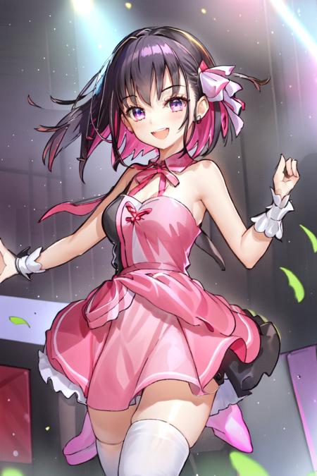 1girl, solo, azki, idol, idol clothes, pink dress, black dress, ribbon, (short hair:1.25), multicolored hair, two-tone hair, pink hair, black hair, purple eyes, singing, concert, stage, outdoors, dynamic pose, bare shoulders, thighhighs, smile,  <lora:Azki_v2.0:0.7>