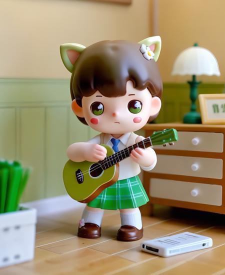 blindbox, 1girl, solo, short hair, skirt, brown hair, animal ears, flower, necktie, indoors, green skirt, instrument, guitar, 
 <lora:cute_blindbox_v11:0.7>