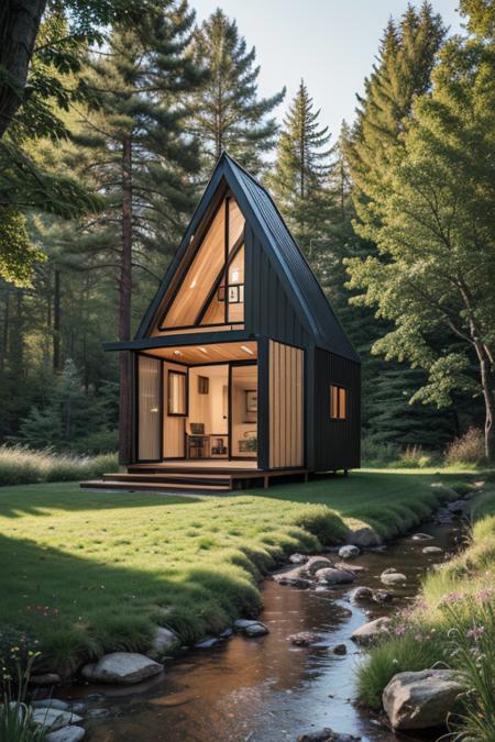 exteriortinyhouse  exterior triangle shape in forest, black panel, morning, stones, river side, ((masterpiece)), realistic, epic, details, grass, cliff, mountain, <lora:ARWexteriortinyhouse:1>