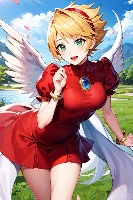 ccnina, blonde hair, short hair, floating hair, hairband, green eyes, white wings, feathered wings, red dress, brooch, puffy sleeves, bracelet