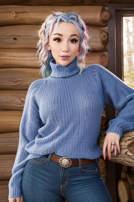 portrait of DEN_aelflaed_SG wearing a woollen turtle neck jumper and jeans in a log cabin, high neck, jumper, woollen jumper, jeans, trousers,
headshot, centre frame, face focus, head focus,
photorealistic, high detail, detailed, realistic, intricate,