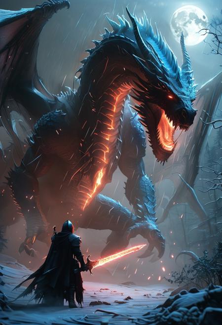 evil frozen dragon, realistic, In a cyberpunk-inspired realm, Theme: Futuristic, cyberpunk-inspired The Moon: A figure, walking through a dark, foggy forest, is haunted by ghostly apparitions. The background is the silhouette of a dragon emerges from the darkness, its form composed of the same vibrant energy. The entire scene is bathed in a contrast of deep blacks and brilliant frozen dragon, creating a dynamic and visually striking composition. Particles of light scatter through the air, adding to the mystical atmosphere. This digital illustration blends elements of anime artistry with futuristic aesthetics, resulting in a captivating image that radiates energy and intensity, snowing, ready for battle, holding sword, bright thunder, red fireflies lightning <lora:CyberRealistic_Negative-neg:1> <lora:patty_cake:1> <lora:detailed_notrigger:1>  <lora:XL_boss_battle:1>