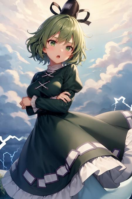 masterpiece, best quality,  <lora:SoganoTojiko:1>,1girl, solo, soga no tojiko, green hair, green eyes, hat, dress, green dress, tate eboshi, long sleeves, cloud, short hair, black headwear, ofuda on clothes, ghost tail, sky, ofuda, breasts, lightning, cross-laced clothes, electricity, juliet sleeves, open mouth, medium breasts, puffy sleeves, cloudy sky, bangs, medium hair, one-hour drawing challenge, breast hold, ribbon