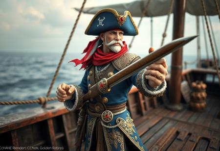 Detailed digital art of a handcrafted pirate , blue and gold intricate attire, red bandana, holding white pipe and brown sword with red gem. Standing on a weathered ship deck, facing right in a dynamic ready pose. Stunning colors, sharp lines, impeccable composition, creative angle, captivating lighting. Octane Render, Unreal Engine 5, 4K, high-res, exceptional quality. Trending on Artstation, CGSociety, Golden Ratio.