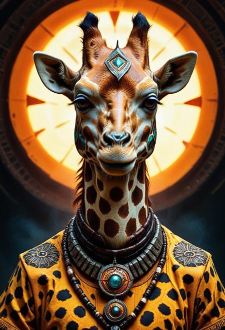 Stable_Yogis_Anatomy_Positives_V1, Stable_Yogis_Realism_Positives_V1, Stable_Yogis_General_Positives_V1, realistic, realism, a cinematic photo of a shaman giraffe, adrr-shmn, tattoo, colored skin, jewelry, facepaint. clear focus, high resolution image, cinematic lighting, dramatic shadows, masterpiece, best quality, very aesthetic, 4k, highly detailed, sharp focus, dynamic lighting, flux-style,
