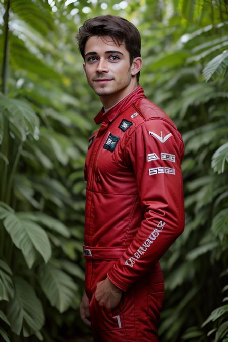 a man standing in a red nascar suit, in a jungle paradise, raw, 8k, uhd, fujifilm xt3 <lora:charlesLeclerc:1>, (close up, head shot), highly detailed face, [smiling:0.5]