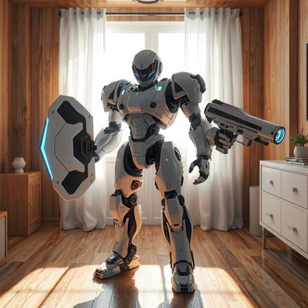 "A futuristic Machine King Prototype robot in a cozy Mystic Mine room: sleek white armor with black circuit-like accents, holding a shield (left) and plasma gun (right). Soft sunlight filters through white curtains onto wooden floors and a minimalist dresser, contrasting the robot’s tech-aesthetic. Hyper-detailed textures: glossy carbon fiber, glowing energy cores, and matte-white surfaces. Stylized with Studio Ghibli whimsy and Blade Runner futurism. Rendered in Unreal Engine 5 realism, Octane Render gloss, and Dutch angle composition. Color palette: warm wood tones, stark whites, and neon-blue energy accents. Background features faint holographic interfaces and floating dust motes. Trending on ArtStation, 8K HDR, golden ratio framing. Tags: retro-futuristic harmony, human-robot coexistence, hyperdetailed mecha, cinematic depth-of-field, soft ambient lighting."