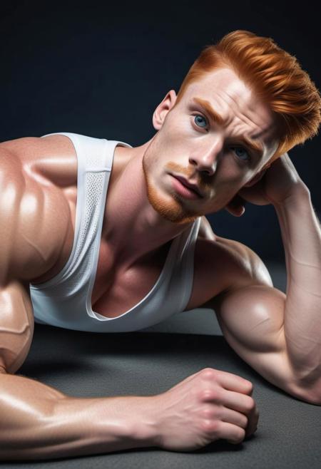 NSFW, Ultra Realistic cinematic Photo, full-body dynamic rude posture posing, athletic 24yo ginger male model from side looking forward, handsome fitness champion lying down, perfectly shaped body with muscular six-pack abs, pecs, biceps, thin waste, V-shaped body, symmetrical face, perfect jawline, modern haircut, dark blue eyes, high detailed white skin, high detailed face, dark blue eyes, realistic pupils, realistic eyes, high detailed eyes, realistic iris, 8k UHD, soft lighting, high quality, film grain,