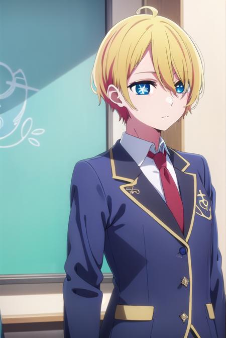 aquamarinehoshino, <lora:aquamarine hoshino s1-lora-nochekaiser:1>,
aquamarine hoshino, blue eyes, blonde hair, hair between eyes, (symbol-shaped pupils:1.5),
BREAK shirt, school uniform, jacket, necktie, blazer, red necktie,
BREAK indoors, classroom,
BREAK looking at viewer, (cowboy shot:1.5),
BREAK <lyco:GoodHands-beta2:1>, (masterpiece:1.2), best quality, high resolution, unity 8k wallpaper, (illustration:0.8), (beautiful detailed eyes:1.6), extremely detailed face, perfect lighting, extremely detailed CG, (perfect hands, perfect anatomy),