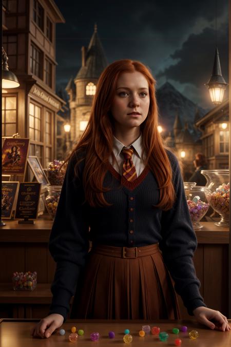 GWBW, (A ginger haired witch look at the window of a candy store in Hogsmeade:1.2), (wearing a school uniform from Hogwarts, gryffindor:1.3), night lighting, impressive natural scenery and a peaceful atmosphere, creating a breathtaking visual spectacle, ink stroke realistic film style, thick strokes, masterpiece, high quality, centered, perfect composition, detailed, hdr, epic background, line art, digital illustration, comic style, dynamic, highly detailed, artstation, concept art, smooth, sharp focus, illustration, Thomas Moran style, art by Carne Griffiths and Wadim Kashin, detailed background, 60-30-10 color rule, warm tones, godrays, unreal engine, greg rutkowski, loish, rhads, beeple, makoto shinkai and lois van baarle, ilya kuvshinov, rossdraws, tom bagshaw, alphonse mucha, global illumination, detailed and intricate environment <lora:more_details:0.25> <lyco:GoodHands-beta2:1.0>