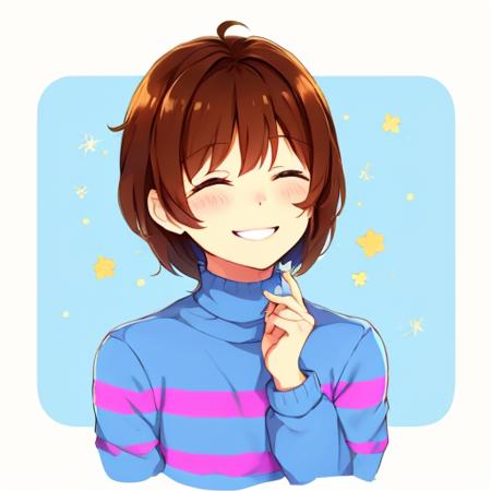 frisk undertale brown hair short hair closed eyes brown eyes blue and pink striped sweater blue and pink striped shirt