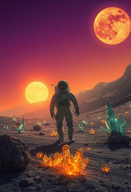 A lone astronaut exploring the surface of a distant alien planet, strange glowing plants and crystalline structures scattered around, two suns setting on the horizon, vibrant purple and orange sky, sci-fi concept art, highly detailed spacesuit, realistic lighting, inspired by Interstellar