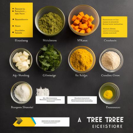 a concept render of a tree. Ingredients, instructions, Dimensions, labels