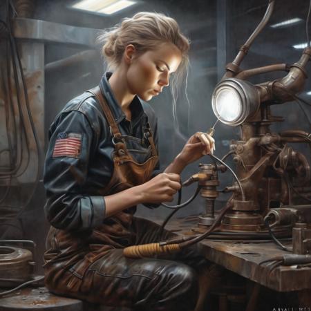 <lora:olivia_vinten_xl_lora:1> olivia vinten woman Incredible modern art portrait of female metal welder at work machine, humid and sultry atmosphere, hot hourglass figure in a wet leather mini outfit, stunning beauty of brilliant art by magali villeneuve, eve ventrue, anna dittmann, mandy disher, tom bagshaw