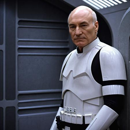 professional portrait photograph of Picard, jlptngentd,  <lora:jlptngentd-000009:0.4> (wearing a stormtrooper uniform:1.9) standing in a hallway on the death star.