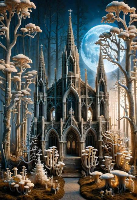 "A gothic cathedral with arches and spires crafted from ral-mycelium, in a misty forest clearing illuminated by moonlight <lora:ral-mycelium-sdxl:1>, <lora:EnvyBetterHiresFixXL01:0:hr=1>